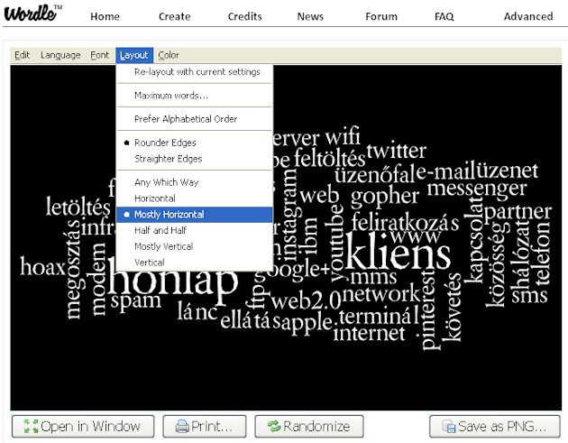 6. ábra - Cimkefelhő készítése online: Wordle 6. ábra - Cimkefelhő készítése online: Wordle