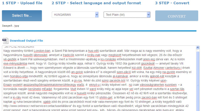 A kép karakterfelismerése után, lementhetjük a konvertált fájlt, de akár egérkijelölés után azonnal ki is másolhatjuk a konvertált szöveget.