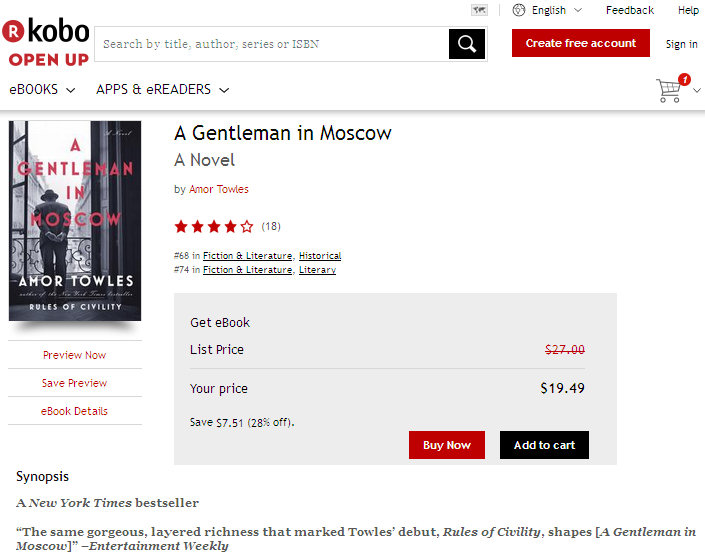 1. ábra - Kobo: Amor Towles: A gentleman in Moscow 1. ábra - Kobo: Amor Towles: A gentleman in Moscow