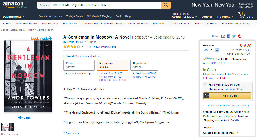 2. ábra - Amazon: Amor Towles: A gentleman in Moscow 2. ábra - Amazon: Amor Towles: A gentleman in Moscow