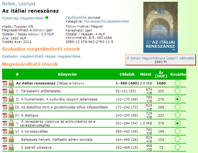 9. ábra – A Typotex Kft. e-könyves adatlapján akár csak fejezetek is vásárolhatók 9. ábra – A Typotex Kft. e-könyves adatlapján akár csak fejezetek is vásárolhatók