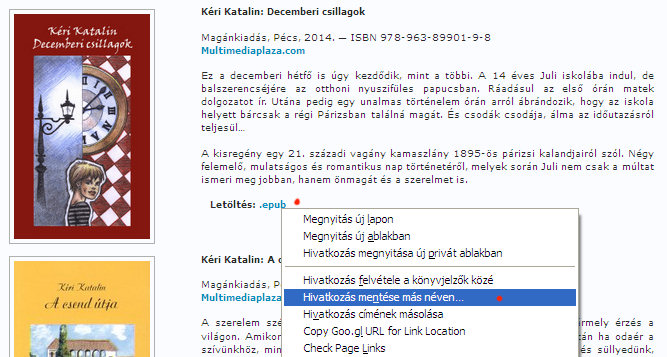 1. ábra - A kiválasztott epub típusú könyv lementése egy weboldalról 1. ábra - A kiválasztott epub típusú könyv lementése egy weboldalról